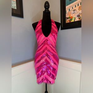 Hot Pink Sequined Backless Mini Dress by Liv Foster Sz 4